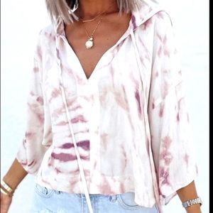 💋Tie-dye White/purple Deep V With A Hoodie Silk Short Sleeve Top